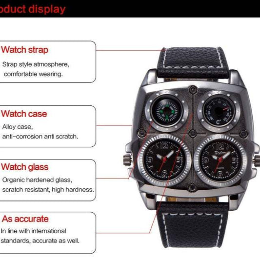 Men's luxury quartz watch with luminous compass and square dial
