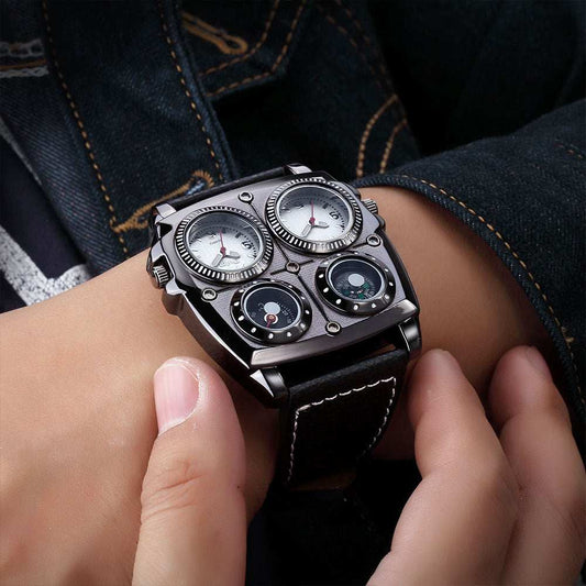 Mens luxury quartz watch with square dial and multifunction features